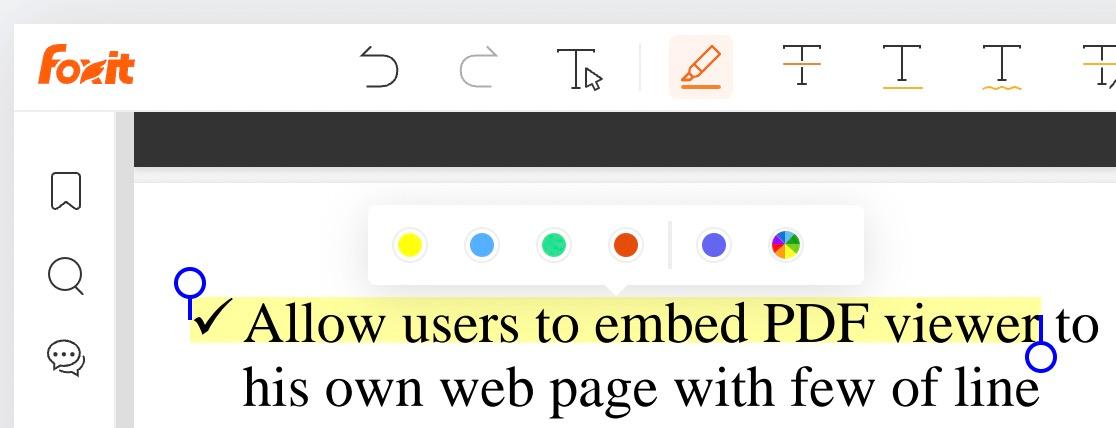 Highlighting selected PDF text from the toolbar