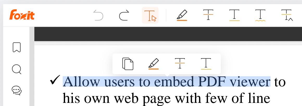 Text markup options in the selection menu